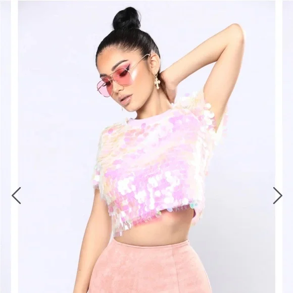Fashion Nova Iridescent Sequin Crop Top - Pink - Picture 1 of 2
